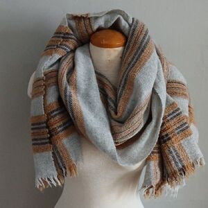 Elegant Gray and Brown Striped Scarf Wool